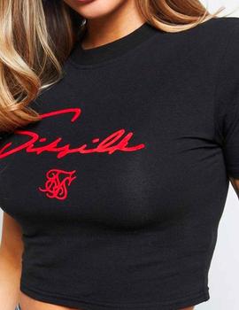 Camiseta SikSilk chica negra logo rojo Flock Crop