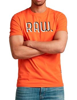 Camiseta G Star naranja flúor letras Raw negras