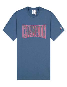 Camiseta Champion gris con logo rosa y tela toalla