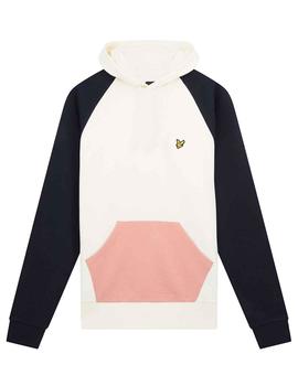 Sudadera Lyle Scott blanca con mangas azules y bolsillo rosa